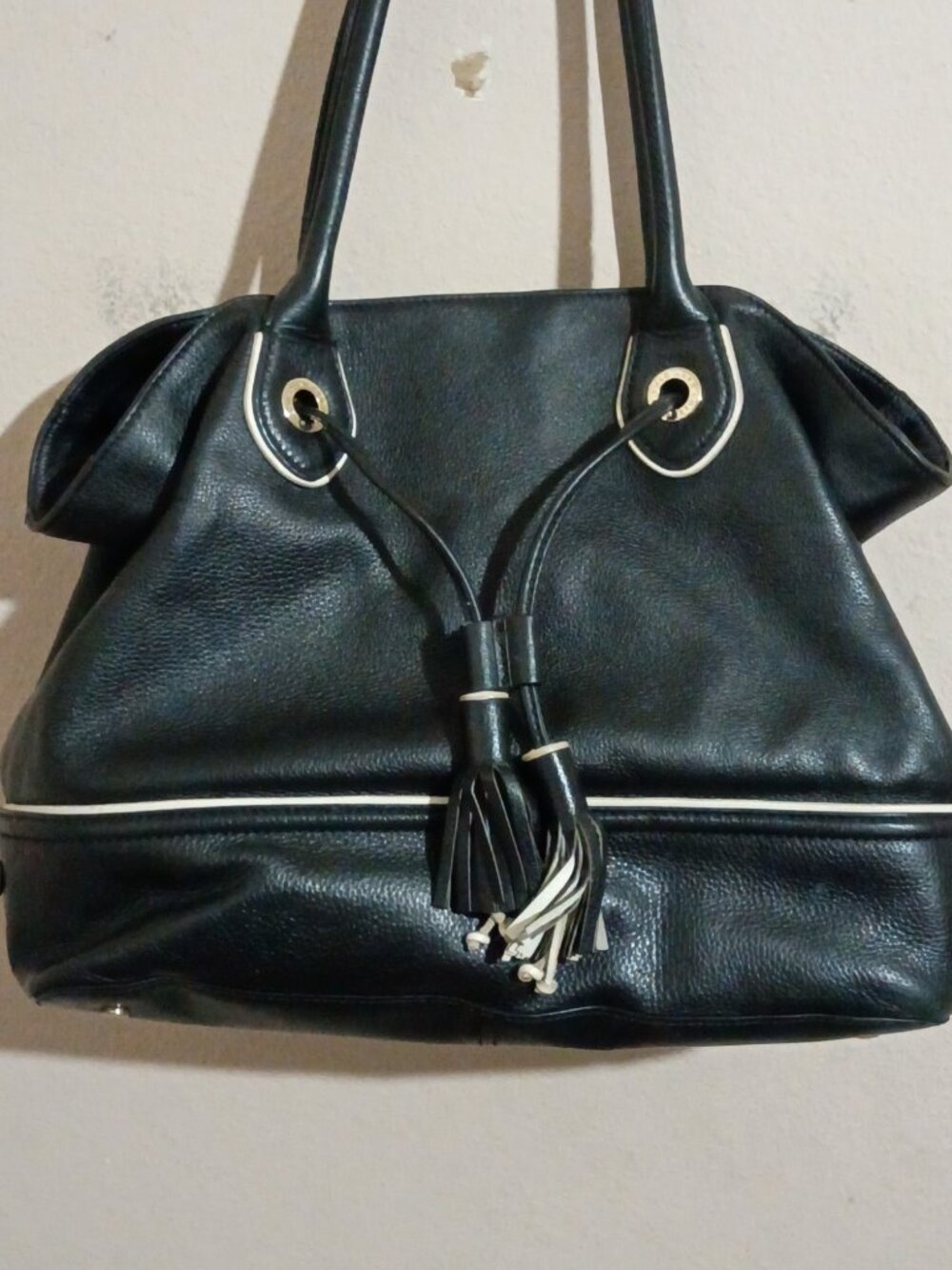 Cole Haan Large “Reilly” Summer Night Black Leather Tassel Tote Handbag Bag - Picture 2 of 16